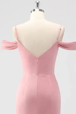 Blush Bainha Ombro Frio Cetim Vestido Longo Madrinha