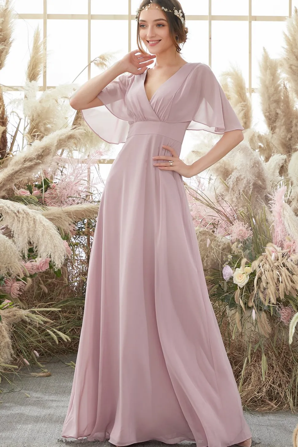 Blush Batwing Mangas Chiffon Vestido de dama de honra