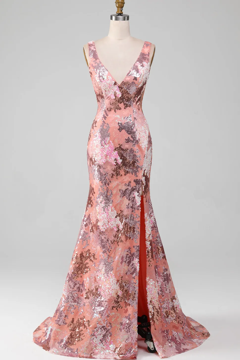 Blush brilhante lantejoulas sereia longo vestido de baile com fenda