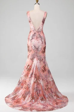 Blush brilhante lantejoulas sereia longo vestido de baile com fenda