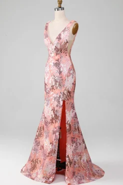 Blush brilhante lantejoulas sereia longo vestido de baile com fenda