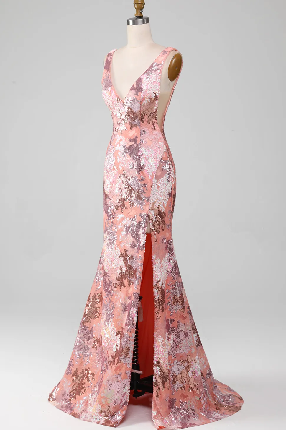 Blush brilhante lantejoulas sereia longo vestido de baile com fenda