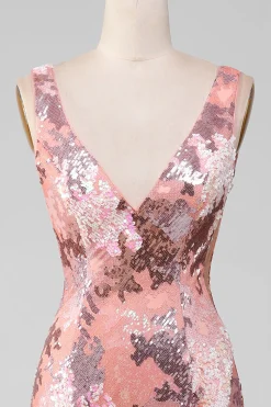 Blush brilhante lantejoulas sereia longo vestido de baile com fenda