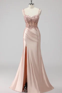 Blush Cetim Trompete/sereia Lantejoulas Longos Vestido De Baile com Fenda