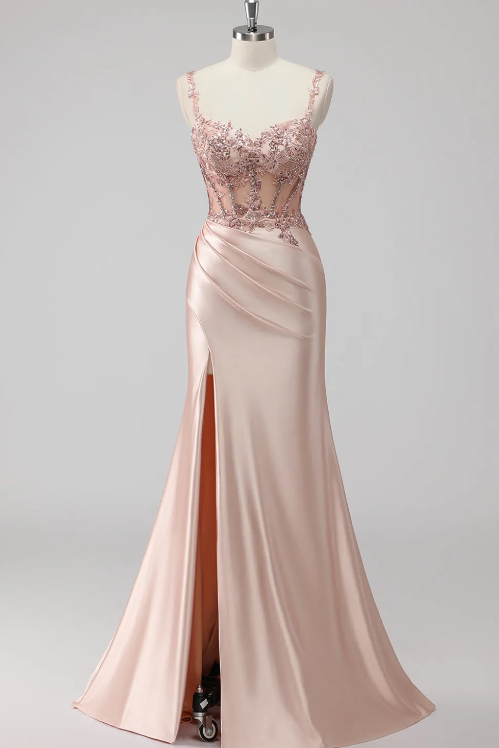 Blush Cetim Trompete/sereia Lantejoulas Longos Vestido De Baile com Fenda