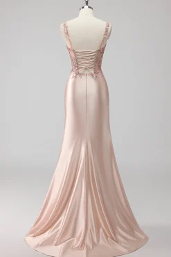 Blush Cetim Trompete/sereia Lantejoulas Longos Vestido De Baile com Fenda