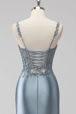 Blush Cetim Trompete/sereia Lantejoulas Longos Vestido De Baile com Fenda