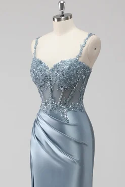 Blush Cetim Trompete/sereia Lantejoulas Longos Vestido De Baile com Fenda