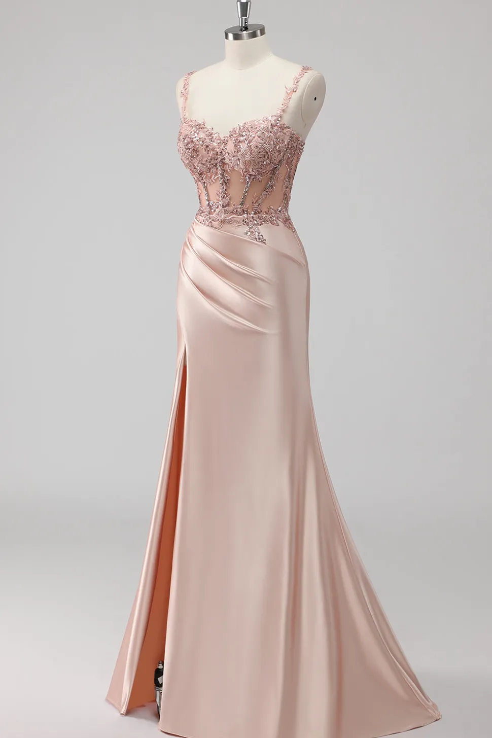 Blush Cetim Trompete/sereia Lantejoulas Longos Vestido De Baile com Fenda