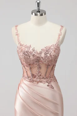 Blush Cetim Trompete/sereia Lantejoulas Longos Vestido De Baile com Fenda
