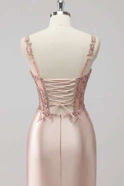 Blush Cetim Trompete/sereia Lantejoulas Longos Vestido De Baile com Fenda
