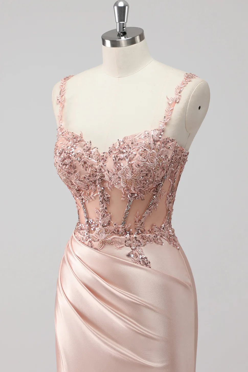 Blush Cetim Trompete/sereia Lantejoulas Longos Vestido De Baile com Fenda