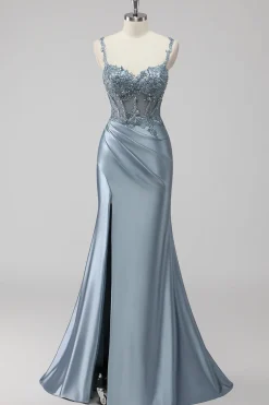 Blush Cetim Trompete/sereia Lantejoulas Longos Vestido De Baile com Fenda