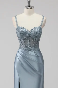 Blush Cetim Trompete/sereia Lantejoulas Longos Vestido De Baile com Fenda