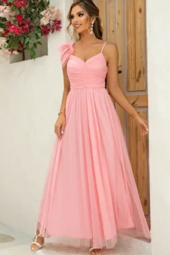Blush correias removíveis uma linha plissado vestido de dama de honra com fenda