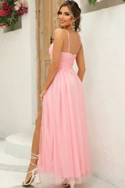 Blush correias removíveis uma linha plissado vestido de dama de honra com fenda