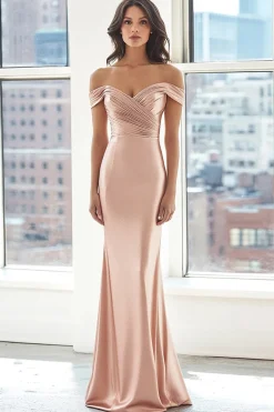 Blush elegante fora da bainha de ombro esticar cetim longo vestido formal com ruched