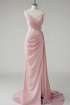 Blush Espaghetti Correias Corset Plissado Bainha Longo Vestido de Baile