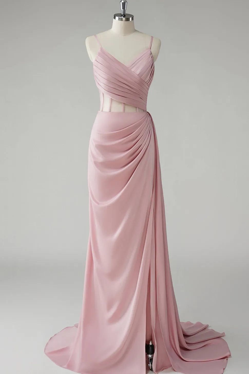 Blush Espaghetti Correias Corset Plissado Bainha Longo Vestido de Baile