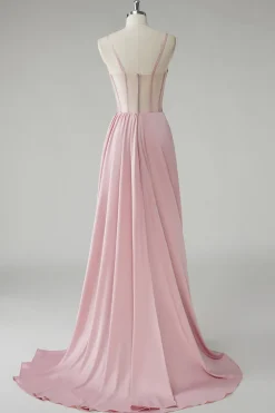Blush Espaghetti Correias Corset Plissado Bainha Longo Vestido de Baile
