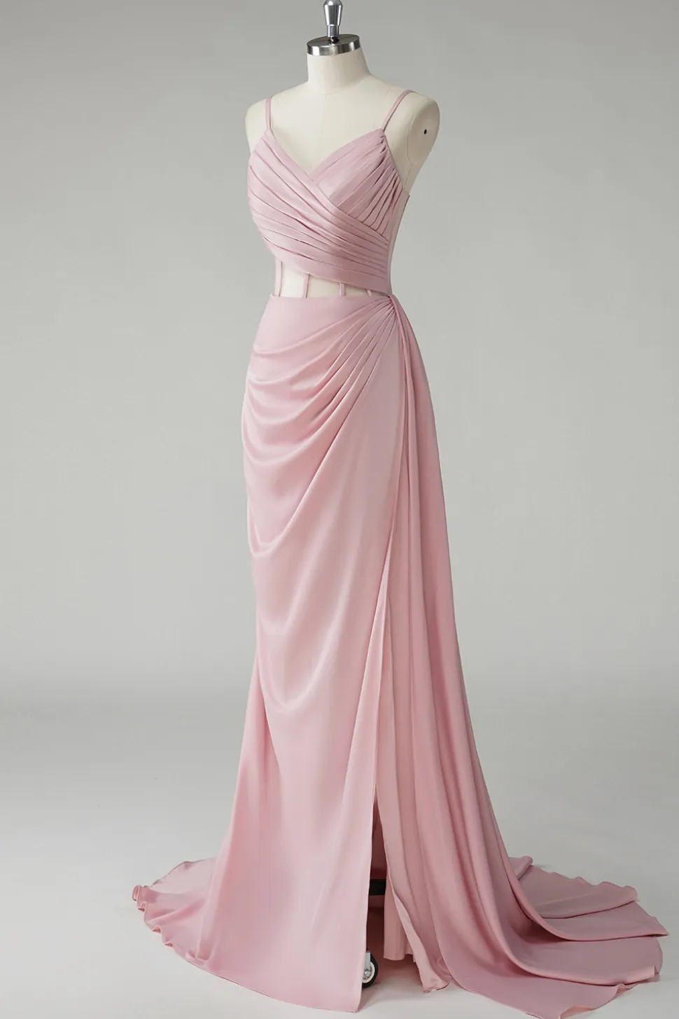 Blush Espaghetti Correias Corset Plissado Bainha Longo Vestido de Baile