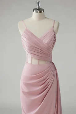 Blush Espaghetti Correias Corset Plissado Bainha Longo Vestido de Baile