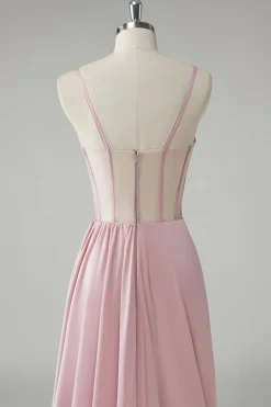 Blush Espaghetti Correias Corset Plissado Bainha Longo Vestido de Baile
