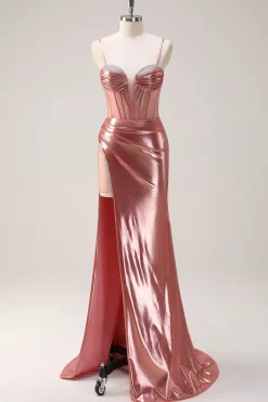 Blush Espaghetti Correias Sereia Metalizado Longo Espartilho Vestido de Baile com Fenda