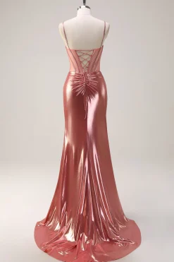 Blush Espaghetti Correias Sereia Metalizado Longo Espartilho Vestido de Baile com Fenda