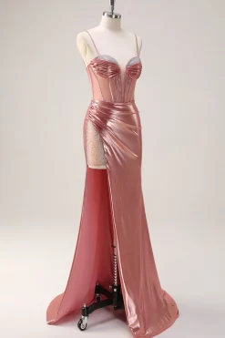 Blush Espaghetti Correias Sereia Metalizado Longo Espartilho Vestido de Baile com Fenda