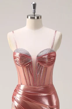 Blush Espaghetti Correias Sereia Metalizado Longo Espartilho Vestido de Baile com Fenda