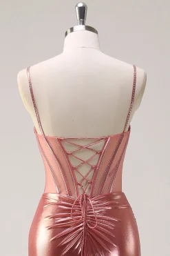 Blush Espaghetti Correias Sereia Metalizado Longo Espartilho Vestido de Baile com Fenda