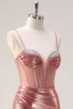 Blush Espaghetti Correias Sereia Metalizado Longo Espartilho Vestido de Baile com Fenda
