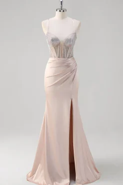Blush Esparguete Correias Sereia Corset Frisado Vestido Longo Baile