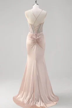 Blush Esparguete Correias Sereia Corset Frisado Vestido Longo Baile