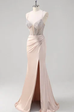 Blush Esparguete Correias Sereia Corset Frisado Vestido Longo Baile