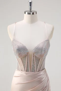 Blush Esparguete Correias Sereia Corset Frisado Vestido Longo Baile