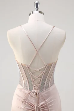 Blush Esparguete Correias Sereia Corset Frisado Vestido Longo Baile