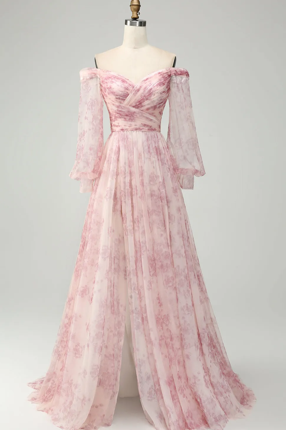 Blush Flor A-Line Fora do Ombro Print Prom Dress Com Fenda