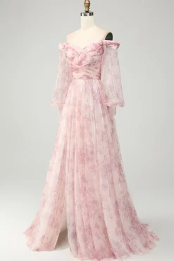 Blush Flor A-Line Fora do Ombro Print Prom Dress Com Fenda