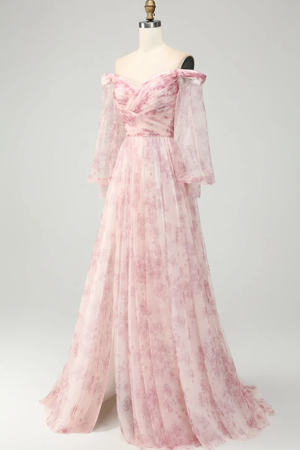 Blush Flor A-Line Fora do Ombro Print Prom Dress Com Fenda
