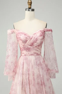 Blush Flor A-Line Fora do Ombro Print Prom Dress Com Fenda