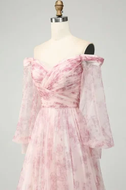 Blush Flor A-Line Fora do Ombro Print Prom Dress Com Fenda
