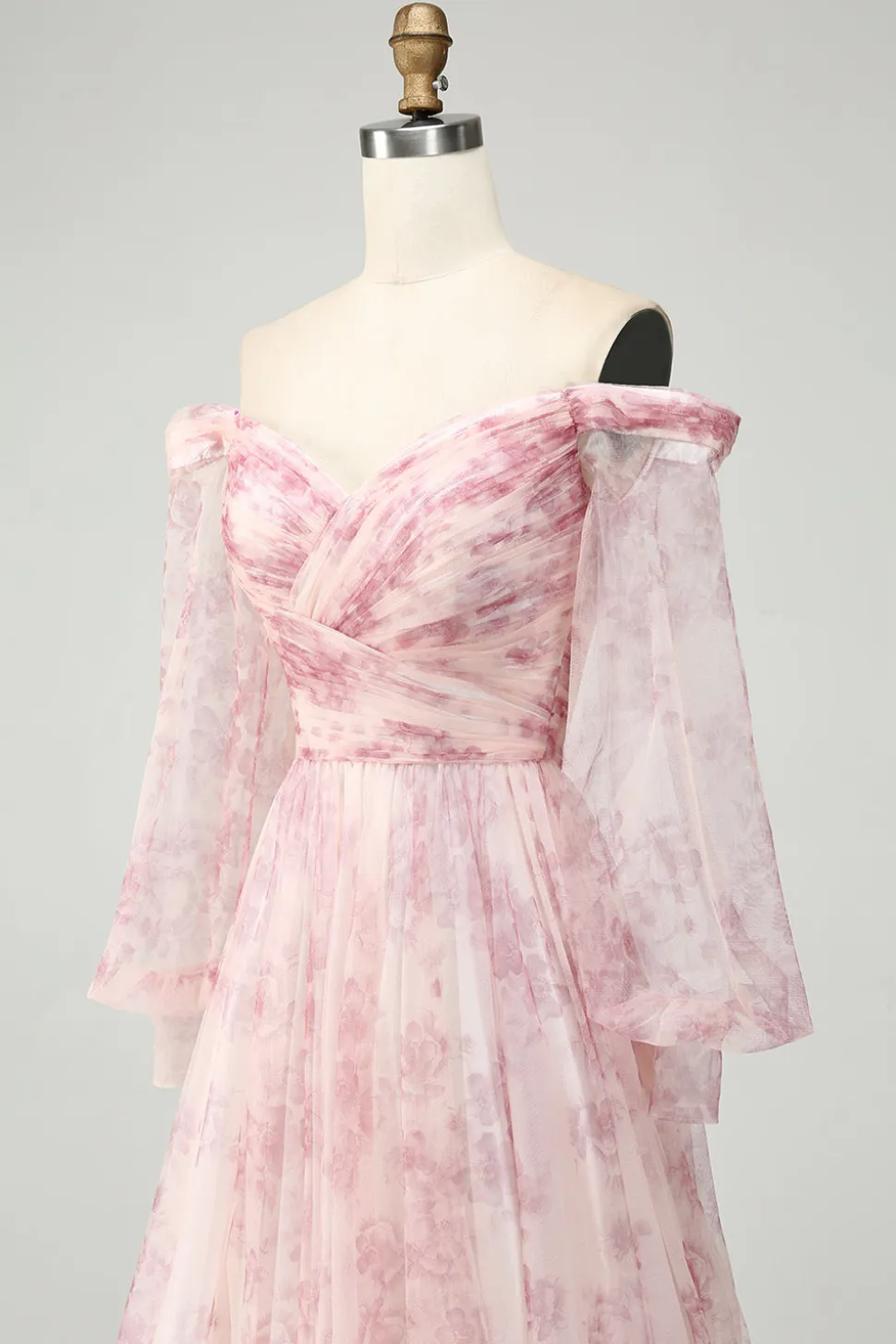 Blush Flor A-Line Fora do Ombro Print Prom Dress Com Fenda