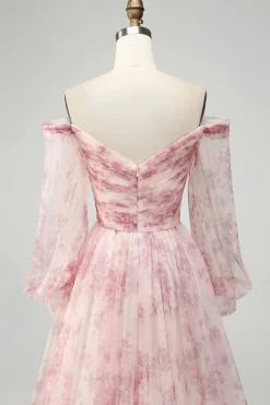 Blush Flor A-Line Fora do Ombro Print Prom Dress Com Fenda