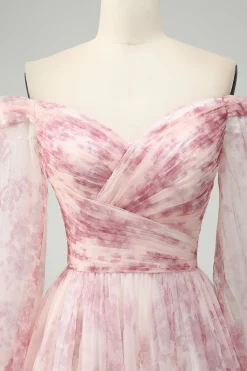 Blush Flor A-Line Fora do Ombro Print Prom Dress Com Fenda