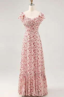 Blush Flor Impresso Ruched Uma Linha Vestido de Noiva Convidado com Fenda
