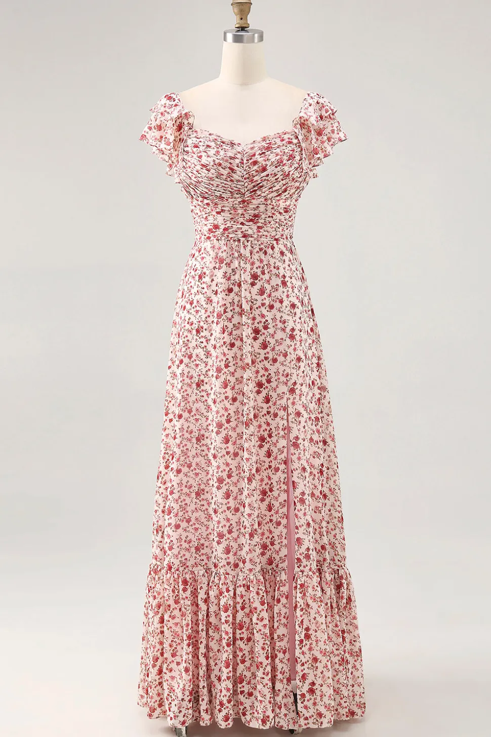 Blush Flor Impresso Ruched Uma Linha Vestido de Noiva Convidado com Fenda