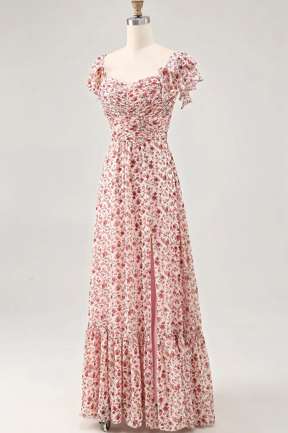 Blush Flor Impresso Ruched Uma Linha Vestido de Noiva Convidado com Fenda
