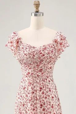 Blush Flor Impresso Ruched Uma Linha Vestido de Noiva Convidado com Fenda